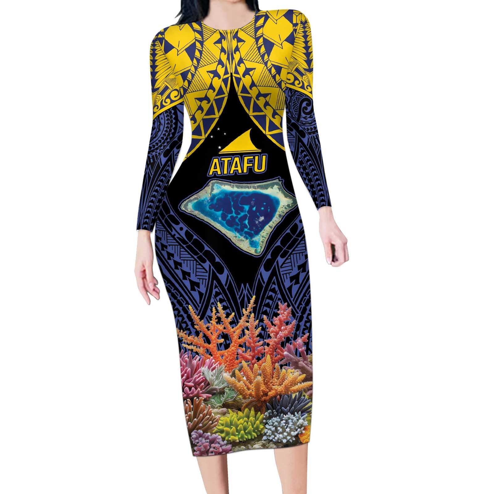 Tokelau Atafu Atoll Personalised Long Sleeve Bodycon Dress Pacific Coral Reef Vibe LT9 Long Dress Gold - Polynesian Pride