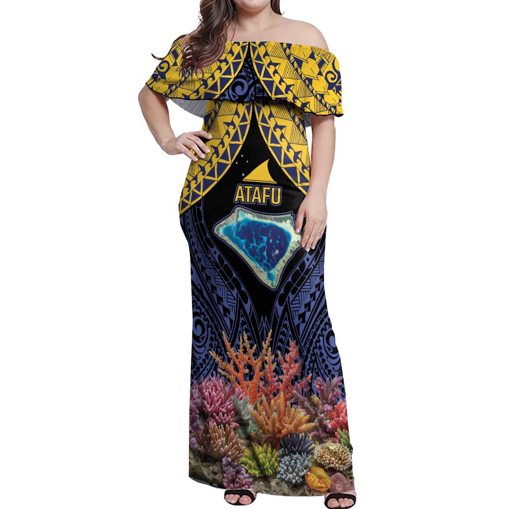 Tokelau Atafu Atoll Personalised Off Shoulder Maxi Dress Pacific Coral Reef Vibe LT9 Women Gold - Polynesian Pride