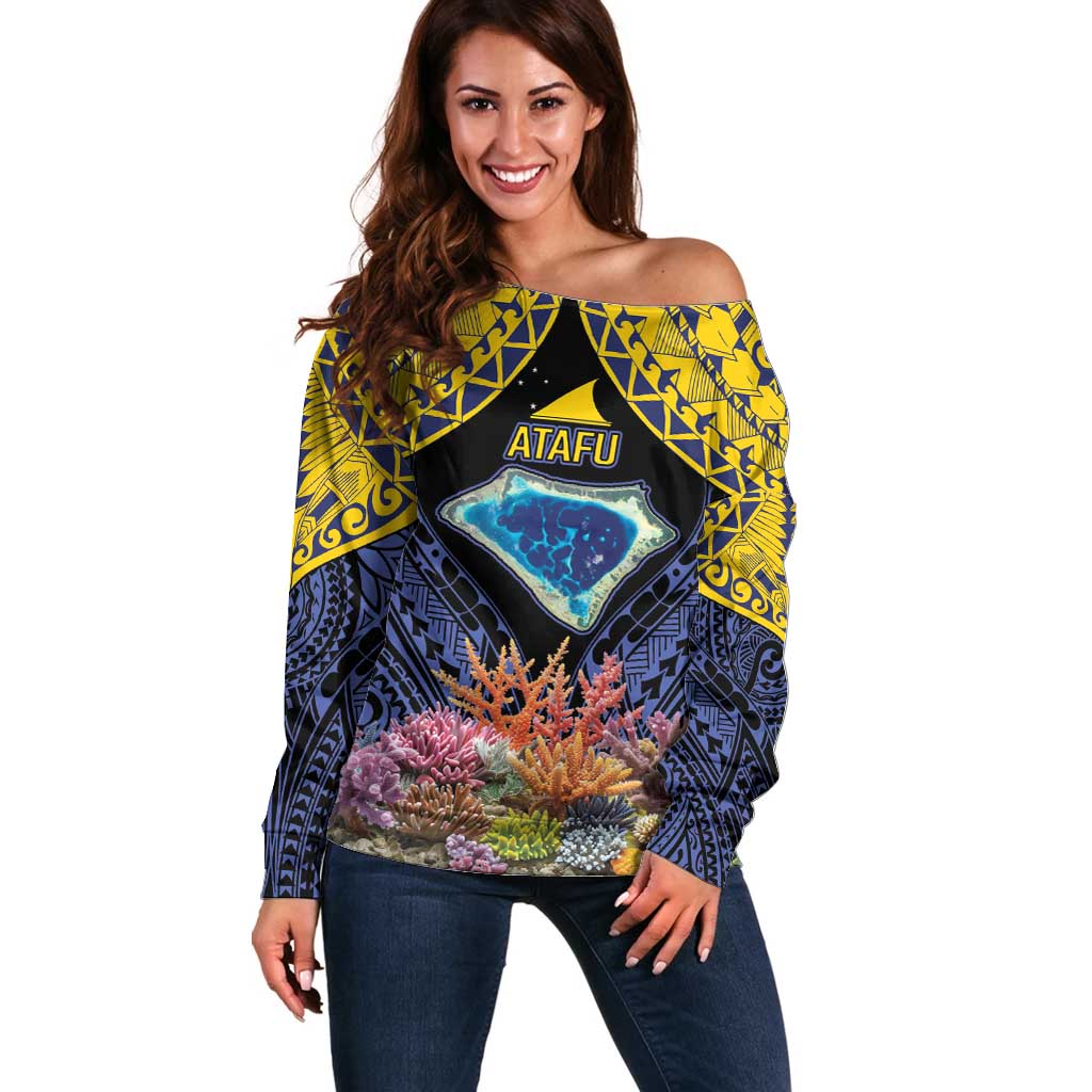 Tokelau Atafu Atoll Personalised Off Shoulder Sweater Pacific Coral Reef Vibe LT9 Women Gold - Polynesian Pride