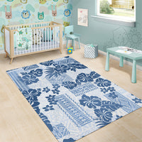 Vintage Hawaii Area Rug Hibiscus Tapa Tribal With Hawaiian Quilt Pattern Blue LT9 - Polynesian Pride