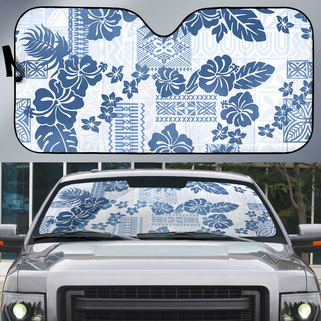 Vintage Hawaii Auto Sun Shade Hibiscus Tapa Tribal With Hawaiian Quilt Pattern Blue - Polynesian Pride