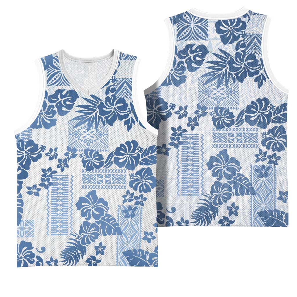 Vintage Hawaii Basketball Jersey Hibiscus Tapa Tribal With Hawaiian Quilt Pattern Blue - Polynesian Pride