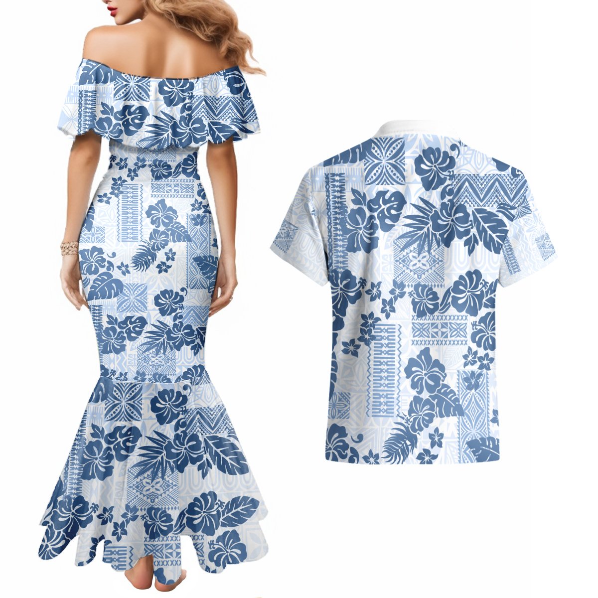 Vintage Hawaii Couples Matching Mermaid Dress and Hawaiian Shirt Hibiscus Tapa Tribal With Hawaiian Quilt Pattern Blue LT9 - Polynesian Pride