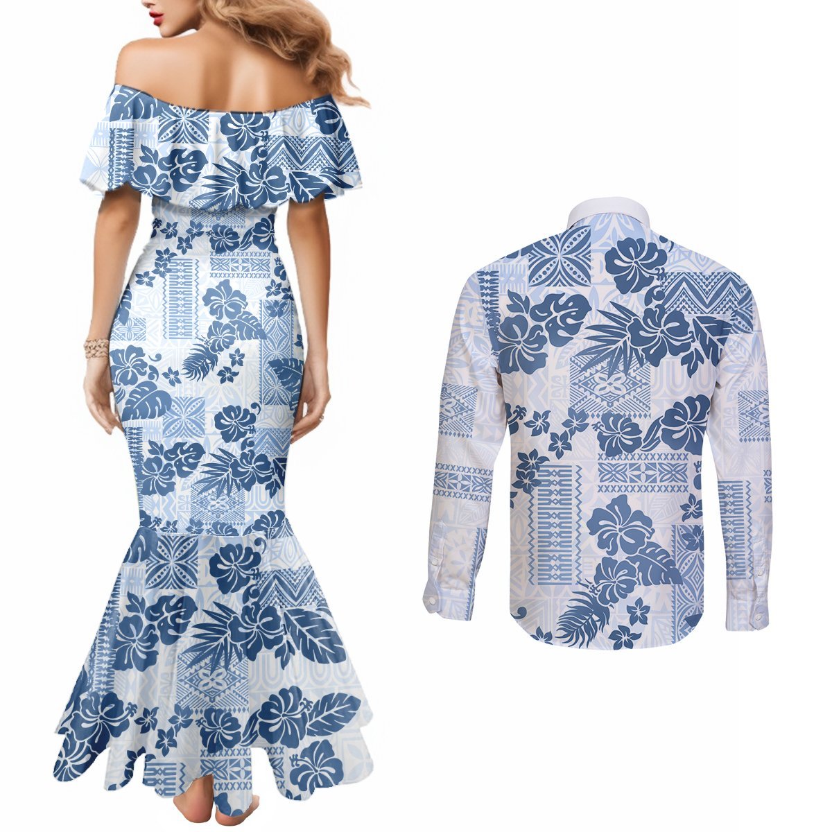 Vintage Hawaii Couples Matching Mermaid Dress and Long Sleeve Button Shirt Hibiscus Tapa Tribal With Hawaiian Quilt Pattern Blue LT9 - Polynesian Pride