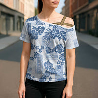 Vintage Hawaii Cross Shoulder Shirt Hibiscus Tapa Tribal With Hawaiian Quilt Pattern Blue - Polynesian Pride