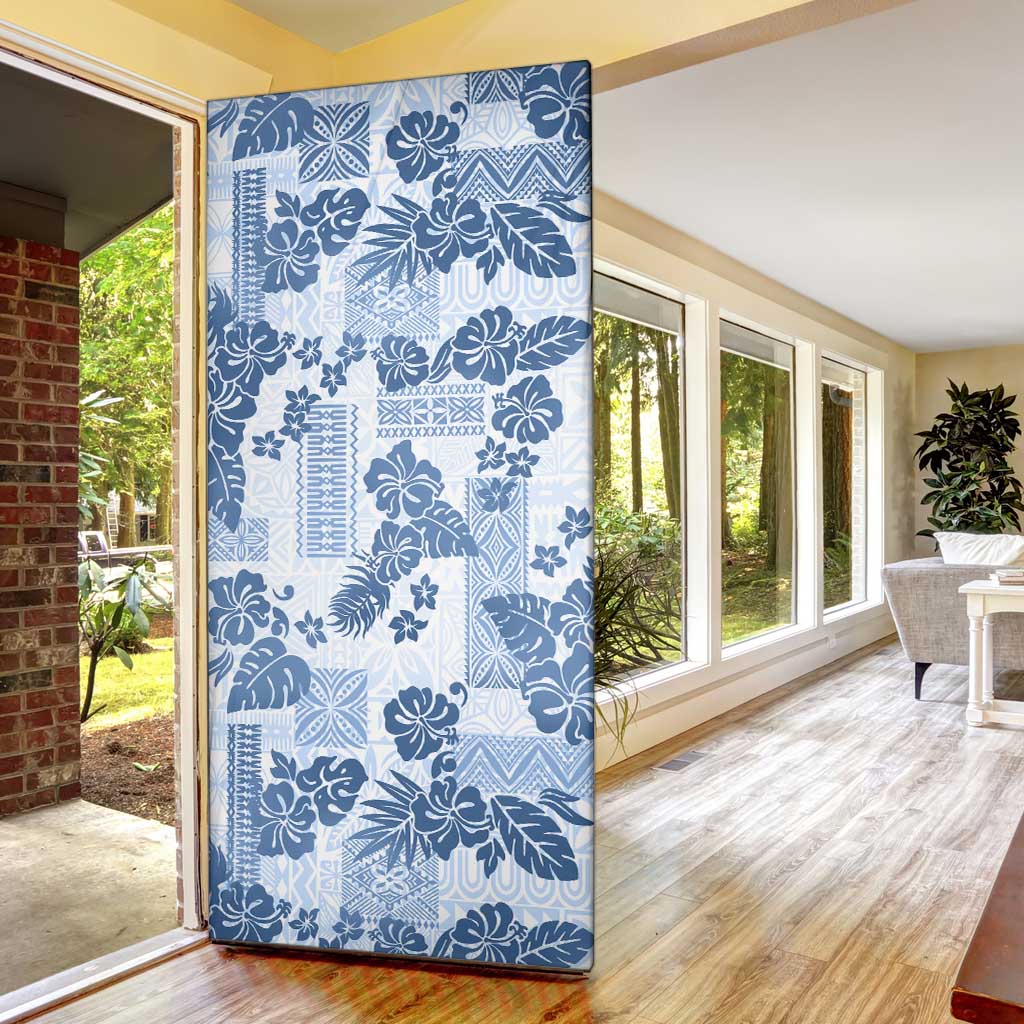 Vintage Hawaii Door Cover Hibiscus Tapa Tribal With Hawaiian Quilt Pattern Blue - Polynesian Pride