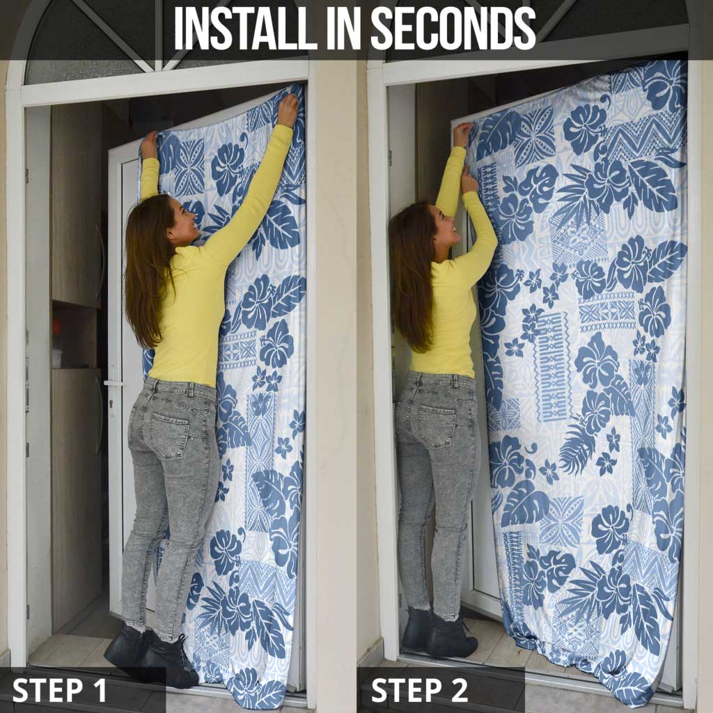 Vintage Hawaii Door Cover Hibiscus Tapa Tribal With Hawaiian Quilt Pattern Blue - Polynesian Pride