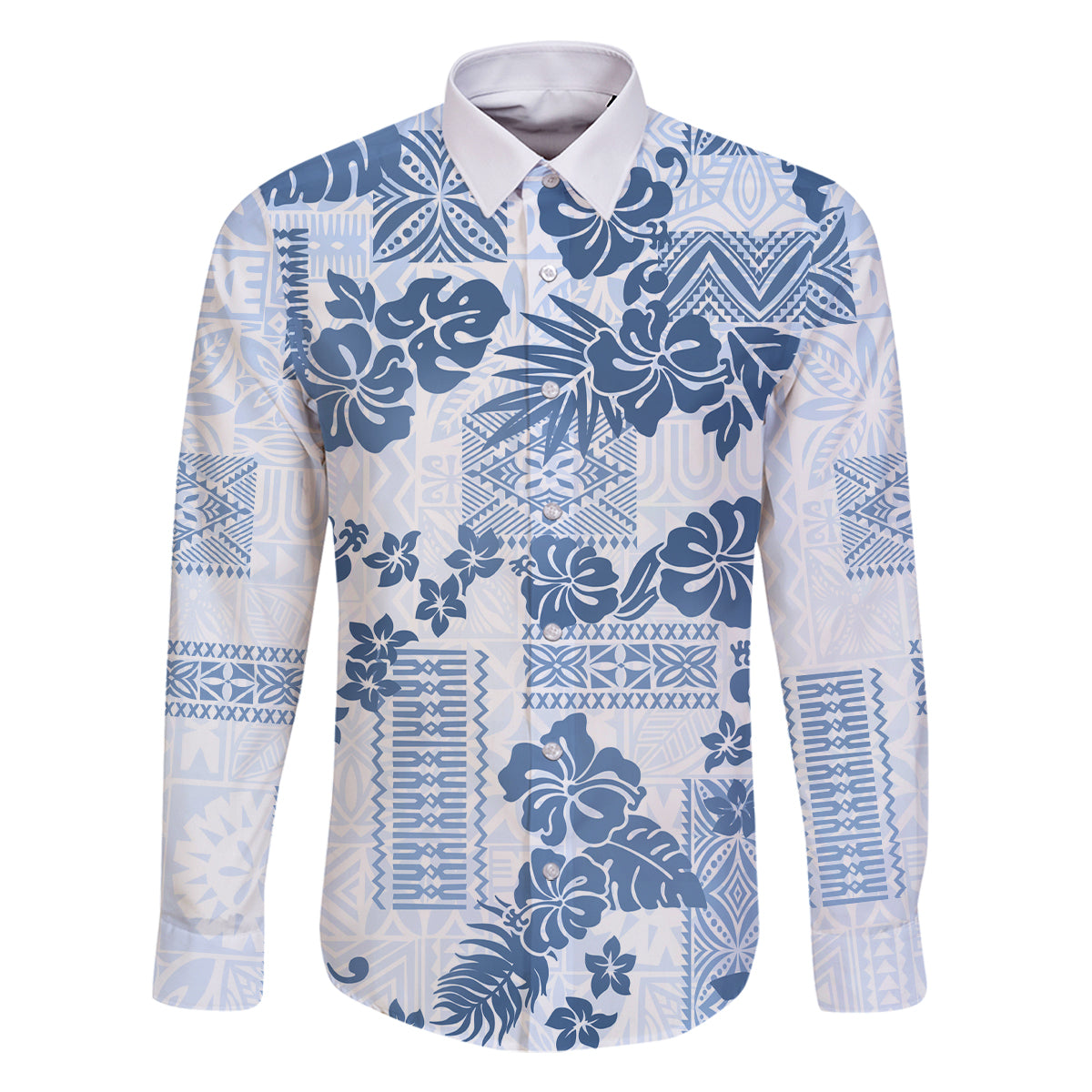 Vintage Hawaii Family Matching Long Sleeve Bodycon Dress and Hawaiian Shirt Hibiscus Tapa Tribal With Hawaiian Quilt Pattern Blue LT9 Dad's Shirt - Long Sleeve Blue - Polynesian Pride