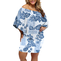 Vintage Hawaii Family Matching Off Shoulder Short Dress and Hawaiian Shirt Hibiscus Tapa Tribal With Hawaiian Quilt Pattern Blue LT9 Mom's Dress Blue - Polynesian Pride