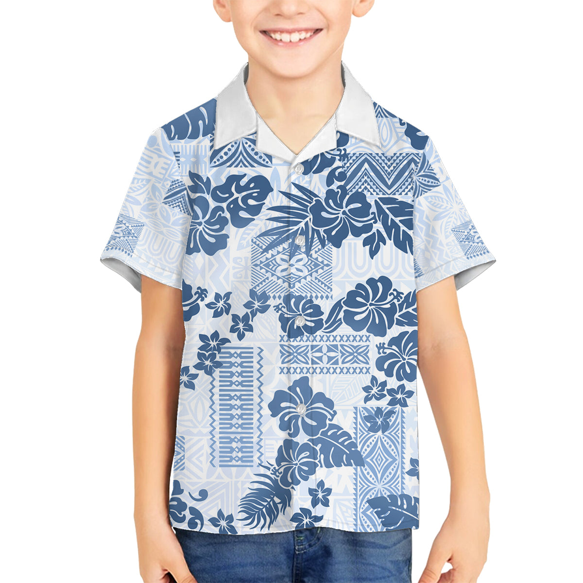 Vintage Hawaii Family Matching Summer Maxi Dress and Hawaiian Shirt Hibiscus Tapa Tribal With Hawaiian Quilt Pattern Blue LT9 Son's Shirt Blue - Polynesian Pride