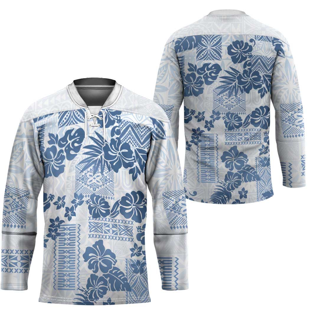 Vintage Hawaii Hockey Jersey Hibiscus Tapa Tribal With Hawaiian Quilt Pattern Blue - Polynesian Pride