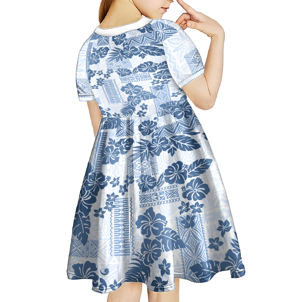 Vintage Hawaii Kid Short Sleeve Dress Hibiscus Tapa Tribal With Hawaiian Quilt Pattern Blue LT9 - Polynesian Pride