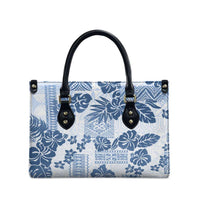 Vintage Hawaii Leather Bag Hibiscus Tapa Tribal With Hawaiian Quilt Pattern Blue - Polynesian Pride