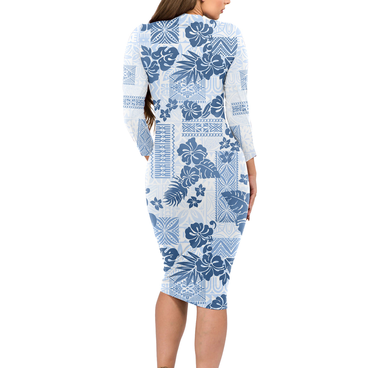 Vintage Hawaii Long Sleeve Bodycon Dress Hibiscus Tapa Tribal With Haw
