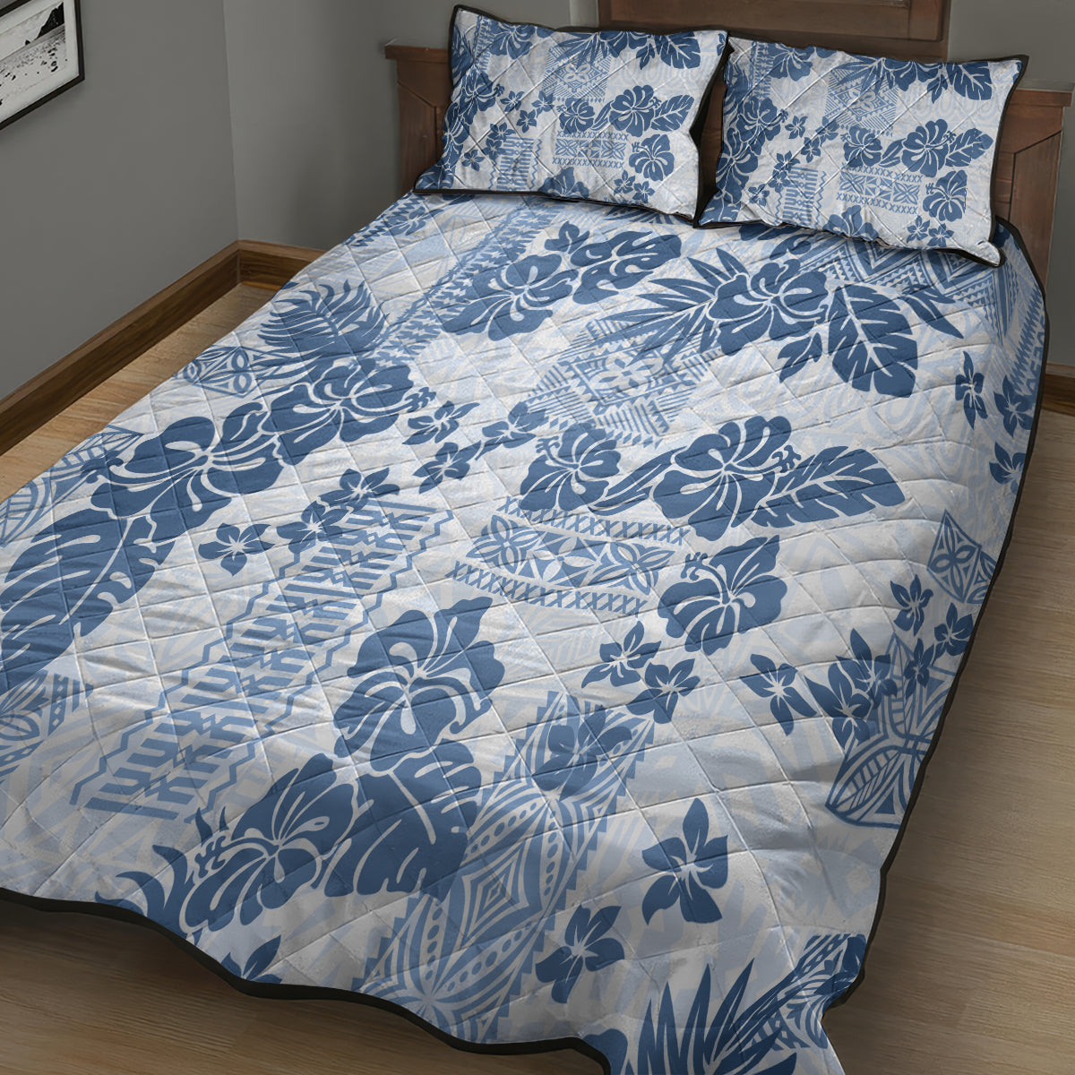 Vintage Hawaii Quilt Bed Set Hibiscus Tapa Tribal With Hawaiian Quilt Pattern Blue LT9 - Polynesian Pride