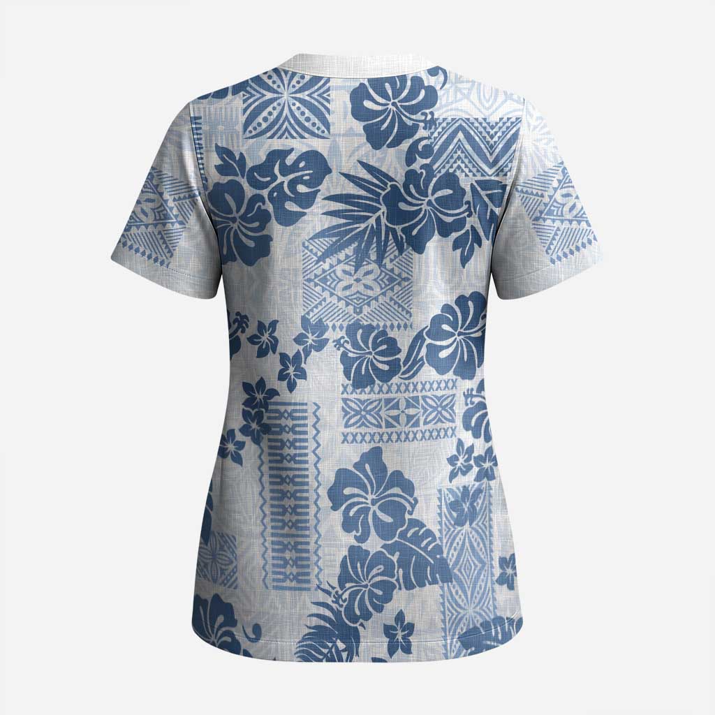 Vintage Hawaii Scrub Top Hibiscus Tapa Tribal With Hawaiian Quilt Pattern Blue - Polynesian Pride