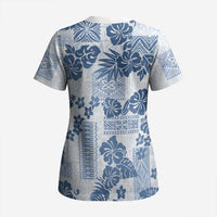 Vintage Hawaii Scrub Top Hibiscus Tapa Tribal With Hawaiian Quilt Pattern Blue - Polynesian Pride