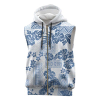 Vintage Hawaii Sleeveless Zip Hoodie Hibiscus Tapa Tribal With Hawaiian Quilt Pattern Blue - Polynesian Pride
