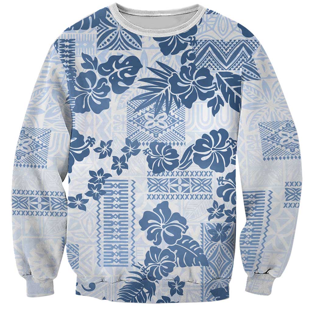 Vintage Hawaii Sweatshirt Hibiscus Tapa Tribal With Hawaiian Quilt Pattern Blue LT9 Unisex Blue - Polynesian Pride