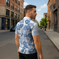 Vintage Hawaii Zipper Polo Shirt Hibiscus Tapa Tribal With Hawaiian Quilt Pattern Blue - Polynesian Pride