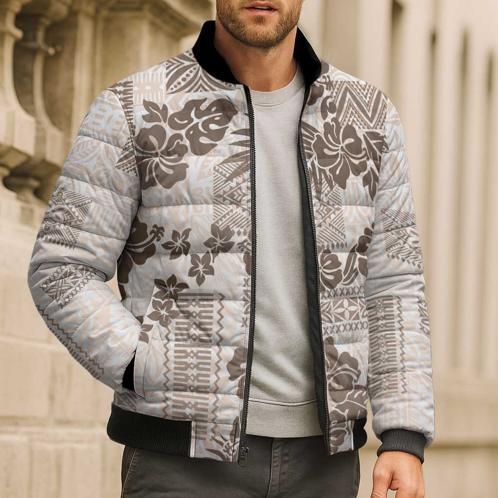 Vintage Hawaii Bomber Puffer Jacket Hibiscus Tapa Tribal With Hawaiian Quilt Pattern Gold - Polynesian Pride