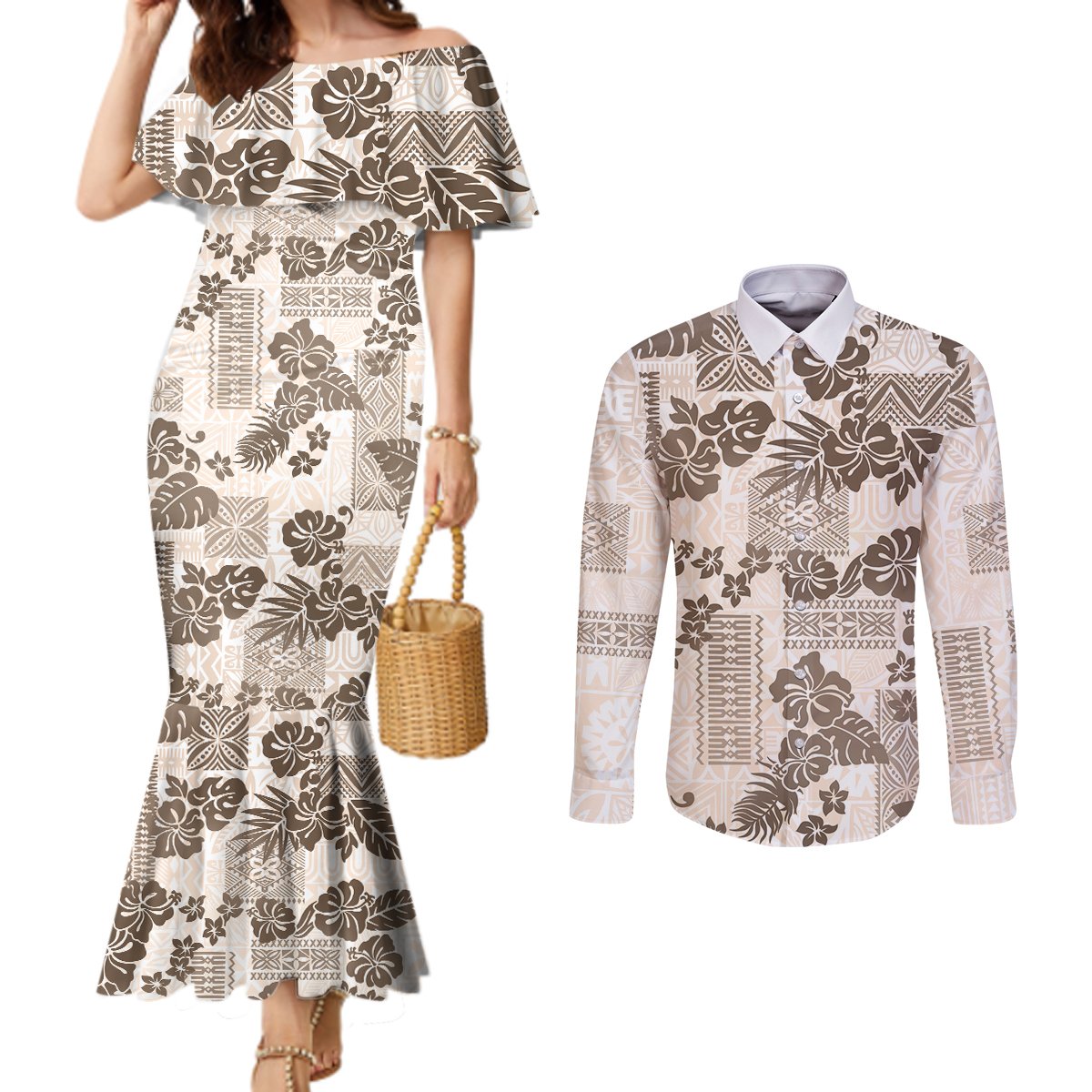 Vintage Hawaii Couples Matching Mermaid Dress and Long Sleeve Button Shirt Hibiscus Tapa Tribal With Hawaiian Quilt Pattern Gold LT9 Gold - Polynesian Pride