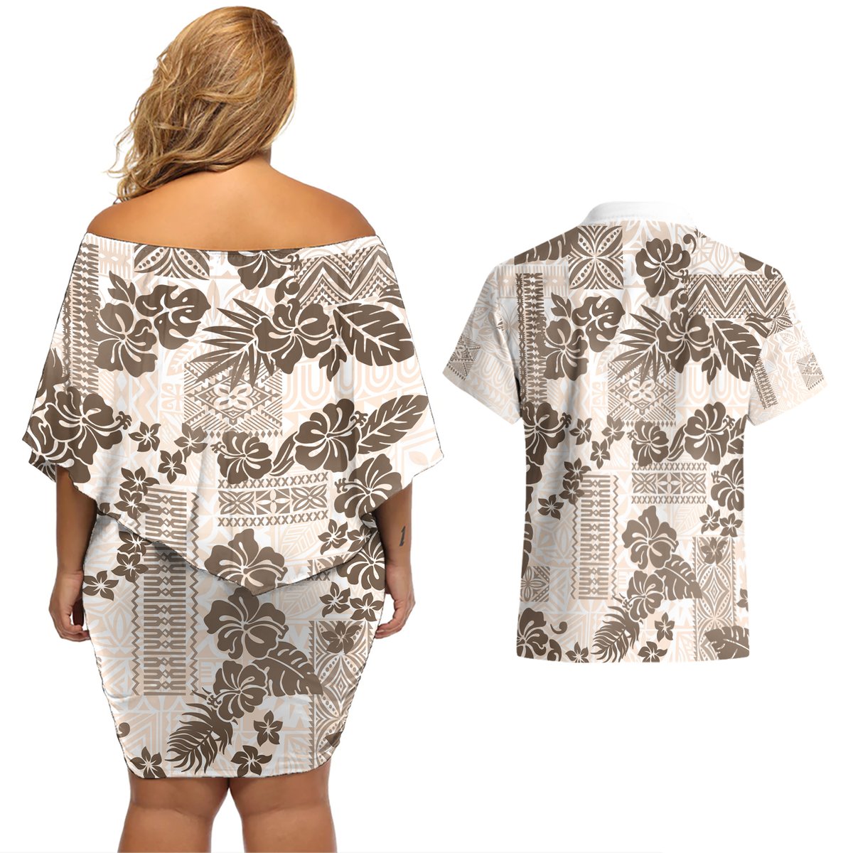 Vintage Hawaii Couples Matching Off Shoulder Short Dress and Hawaiian Shirt Hibiscus Tapa Tribal With Hawaiian Quilt Pattern Gold LT9 - Polynesian Pride