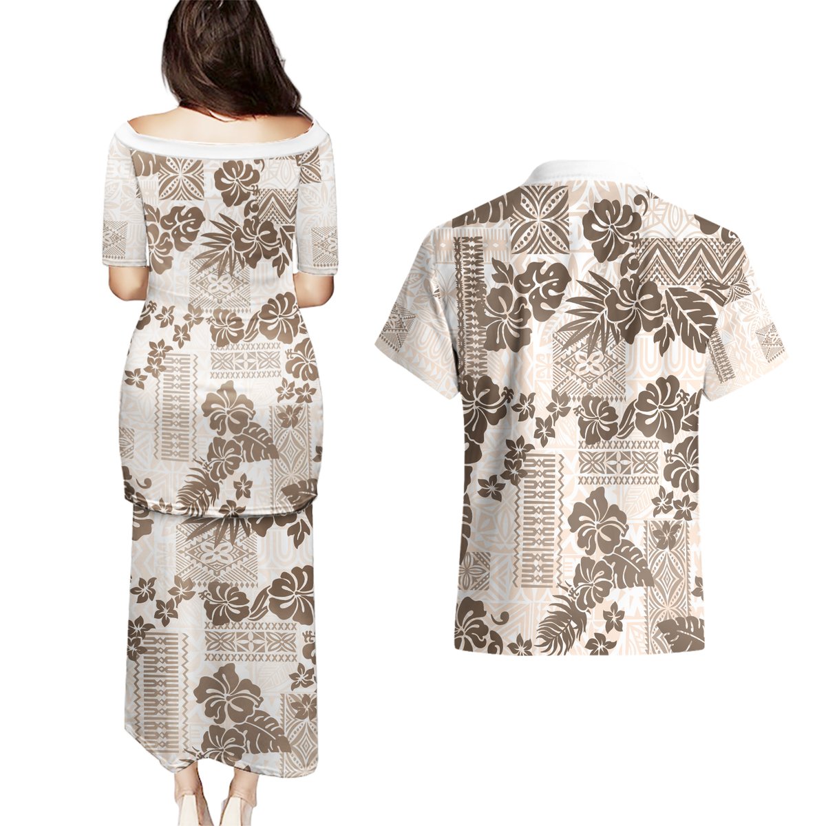 Vintage Hawaii Couples Matching Puletasi Dress and Hawaiian Shirt Hibiscus Tapa Tribal With Hawaiian Quilt Pattern Gold LT9 - Polynesian Pride
