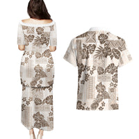 Vintage Hawaii Couples Matching Puletasi Dress and Hawaiian Shirt Hibiscus Tapa Tribal With Hawaiian Quilt Pattern Gold LT9 - Polynesian Pride