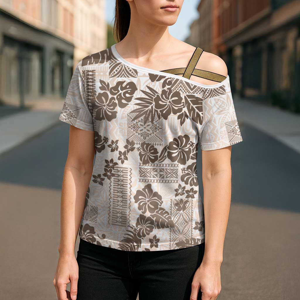 Vintage Hawaii Cross Shoulder Shirt Hibiscus Tapa Tribal With Hawaiian Quilt Pattern Gold - Polynesian Pride