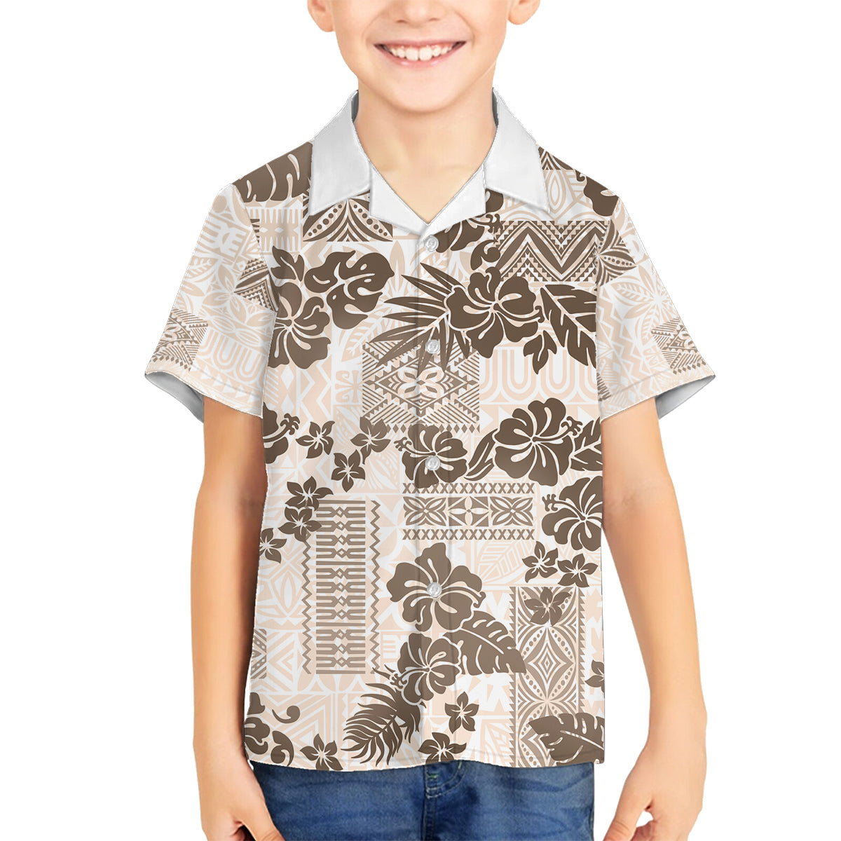 Vintage Hawaii Family Matching Summer Maxi Dress and Hawaiian Shirt Hibiscus Tapa Tribal With Hawaiian Quilt Pattern Gold LT9 Son's Shirt Gold - Polynesian Pride