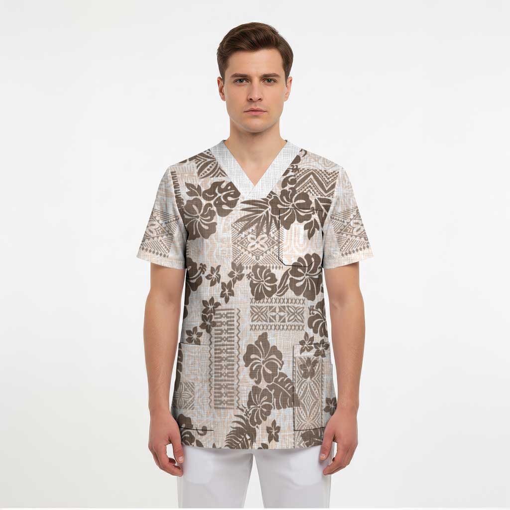 Vintage Hawaii Scrub Top Hibiscus Tapa Tribal With Hawaiian Quilt Pattern Gold - Polynesian Pride
