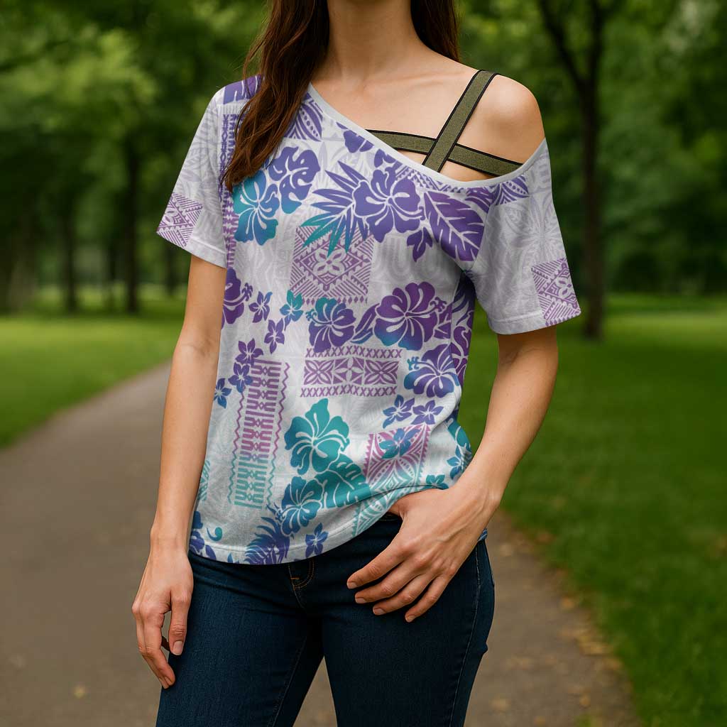 Vintage Hawaii Cross Shoulder Shirt Hibiscus Tapa Tribal With Hawaiian Quilt Pattern Purple - Polynesian Pride