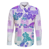 Vintage Hawaii Family Matching Long Sleeve Bodycon Dress and Hawaiian Shirt Hibiscus Tapa Tribal With Hawaiian Quilt Pattern Purple LT9 Dad's Shirt - Long Sleeve Purple - Polynesian Pride