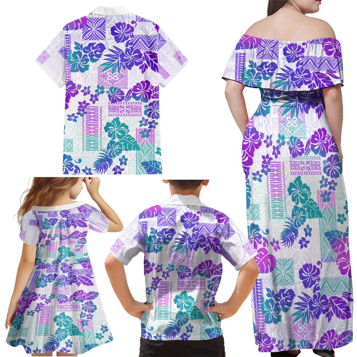 Vintage Hawaii Family Matching Off Shoulder Maxi Dress and Hawaiian Shirt Hibiscus Tapa Tribal With Hawaiian Quilt Pattern Purple LT9 - Polynesian Pride