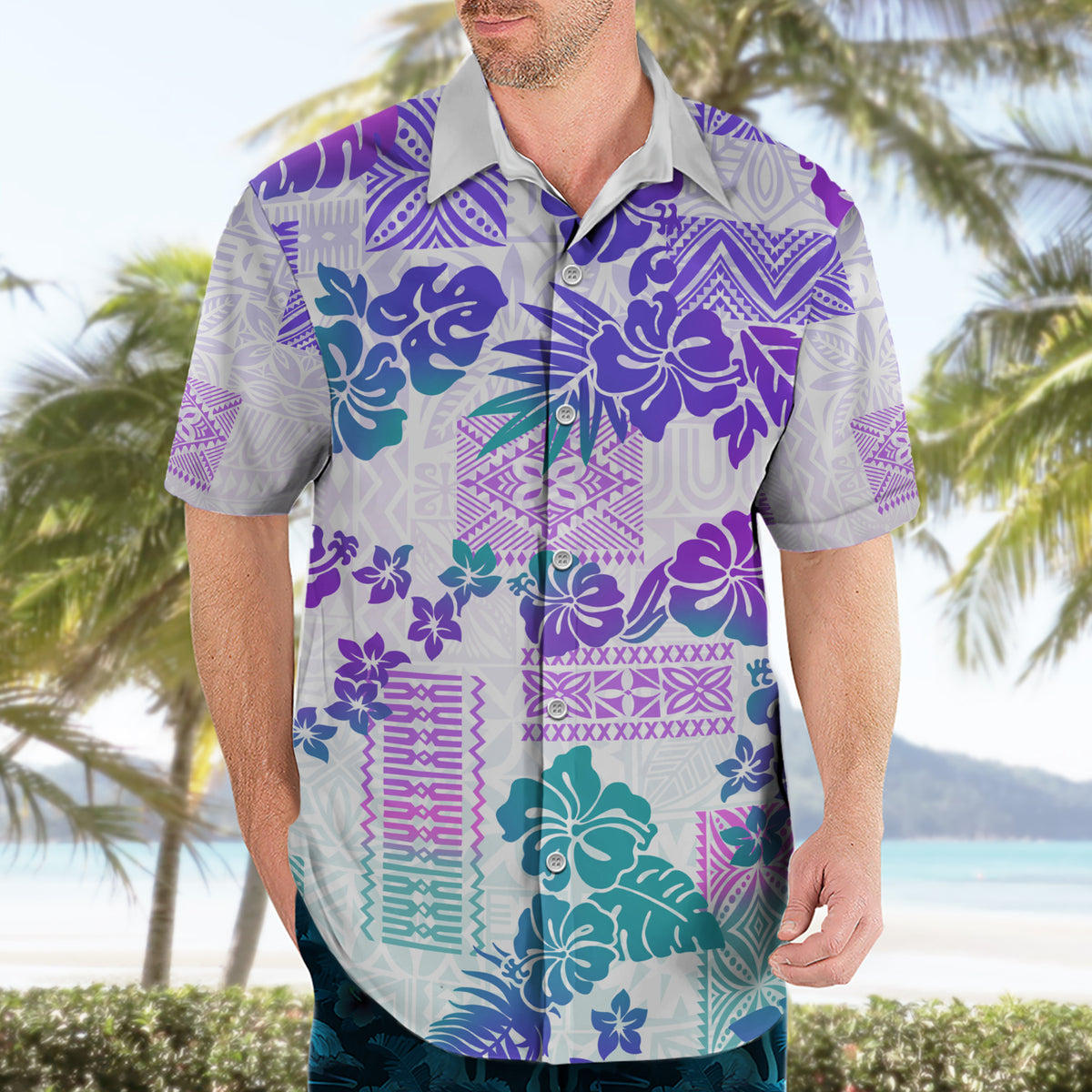 Vintage Hawaii Hawaiian Shirt Hibiscus Tapa Tribal With Hawaiian Quilt Pattern Purple LT9 - Polynesian Pride