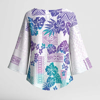 Vintage Hawaii Kimono Sleeve Blouse Hibiscus Tapa Tribal With Hawaiian Quilt Pattern Purple - Polynesian Pride