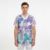 Vintage Hawaii Scrub Top Hibiscus Tapa Tribal With Hawaiian Quilt Pattern Purple - Polynesian Pride