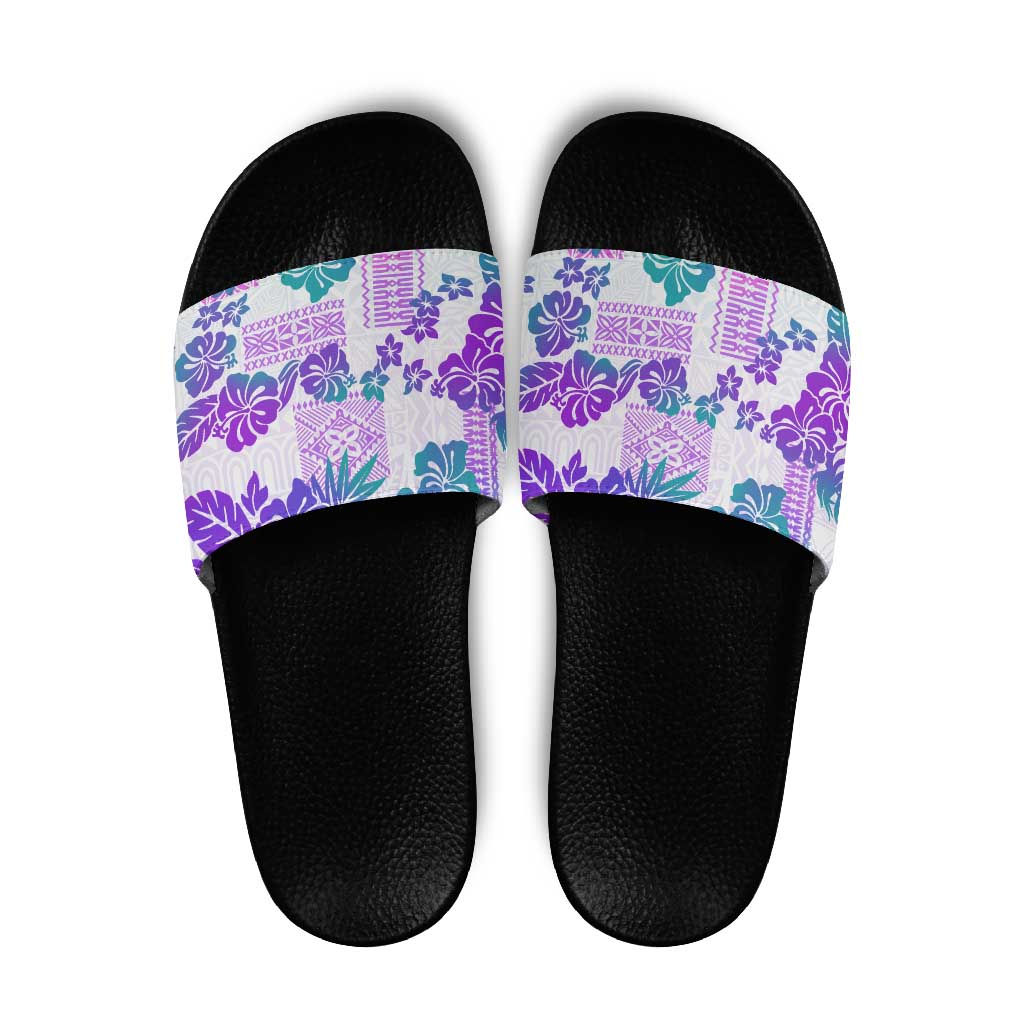 Vintage Hawaii Slide Sandals Hibiscus Tapa Tribal With Hawaiian Quilt Pattern Purple - Polynesian Pride