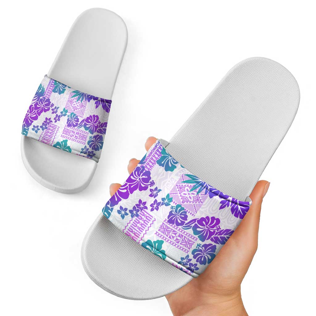 Vintage Hawaii Slide Sandals Hibiscus Tapa Tribal With Hawaiian Quilt Pattern Purple - Polynesian Pride