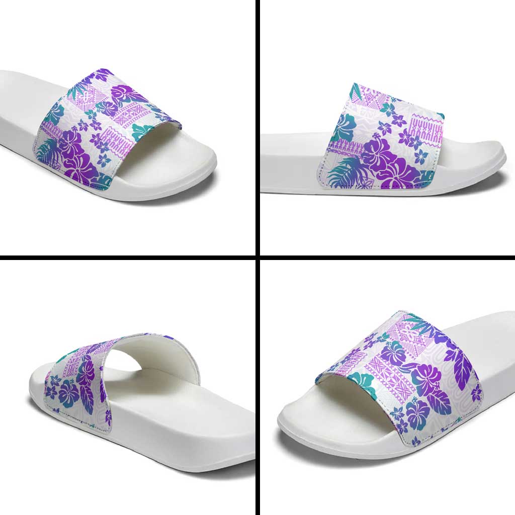 Vintage Hawaii Slide Sandals Hibiscus Tapa Tribal With Hawaiian Quilt Pattern Purple - Polynesian Pride