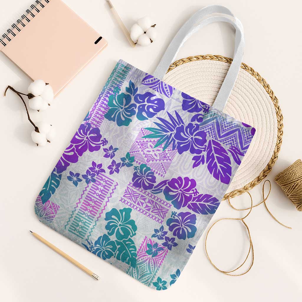 Vintage Hawaii Tote Bag Hibiscus Tapa Tribal With Hawaiian Quilt Pattern Purple - Polynesian Pride