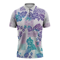 Vintage Hawaii Zipper Polo Shirt Hibiscus Tapa Tribal With Hawaiian Quilt Pattern Purple - Polynesian Pride