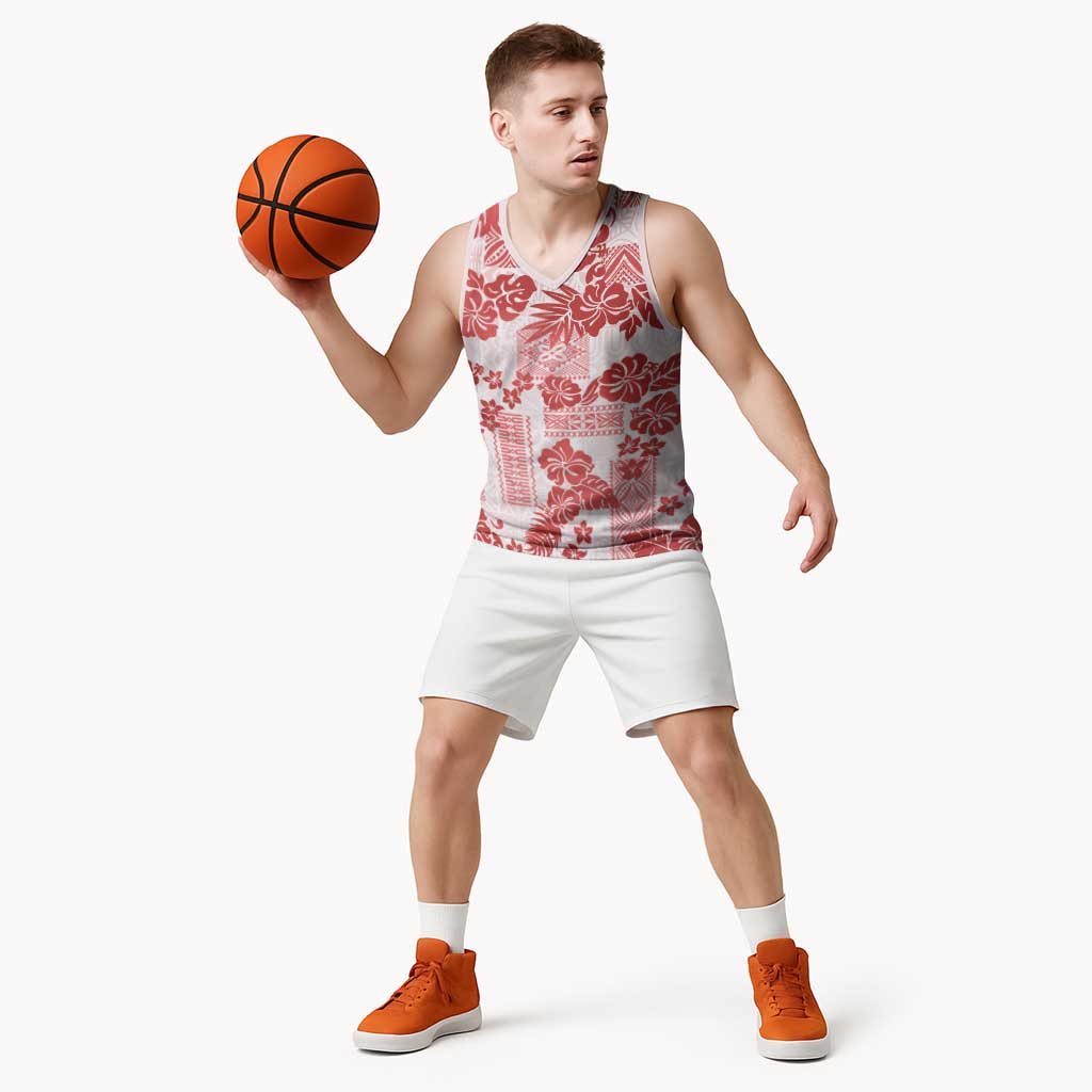 Vintage Hawaii Basketball Jersey Hibiscus Tapa Tribal With Hawaiian Quilt Pattern Red - Polynesian Pride