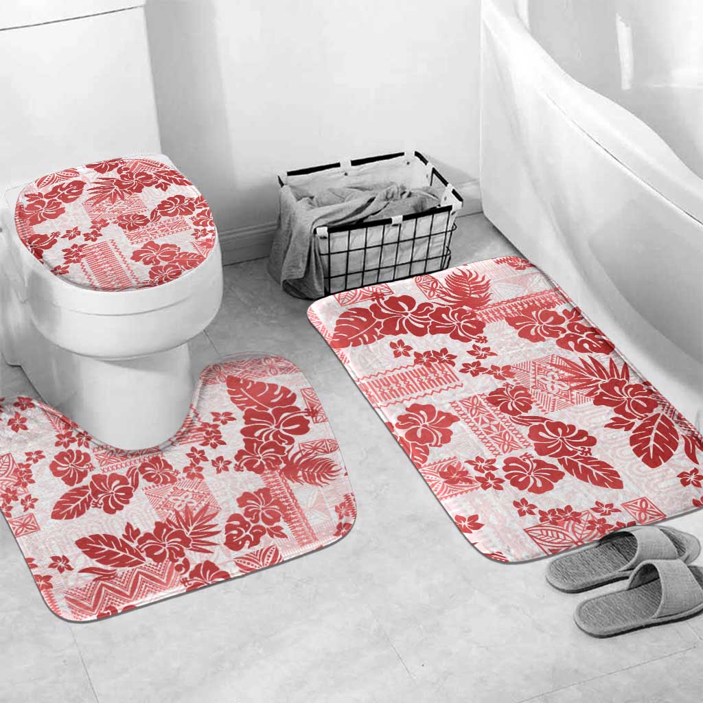 Vintage Hawaii Bathroom Set Hibiscus Tapa Tribal With Hawaiian Quilt Pattern Red - Polynesian Pride