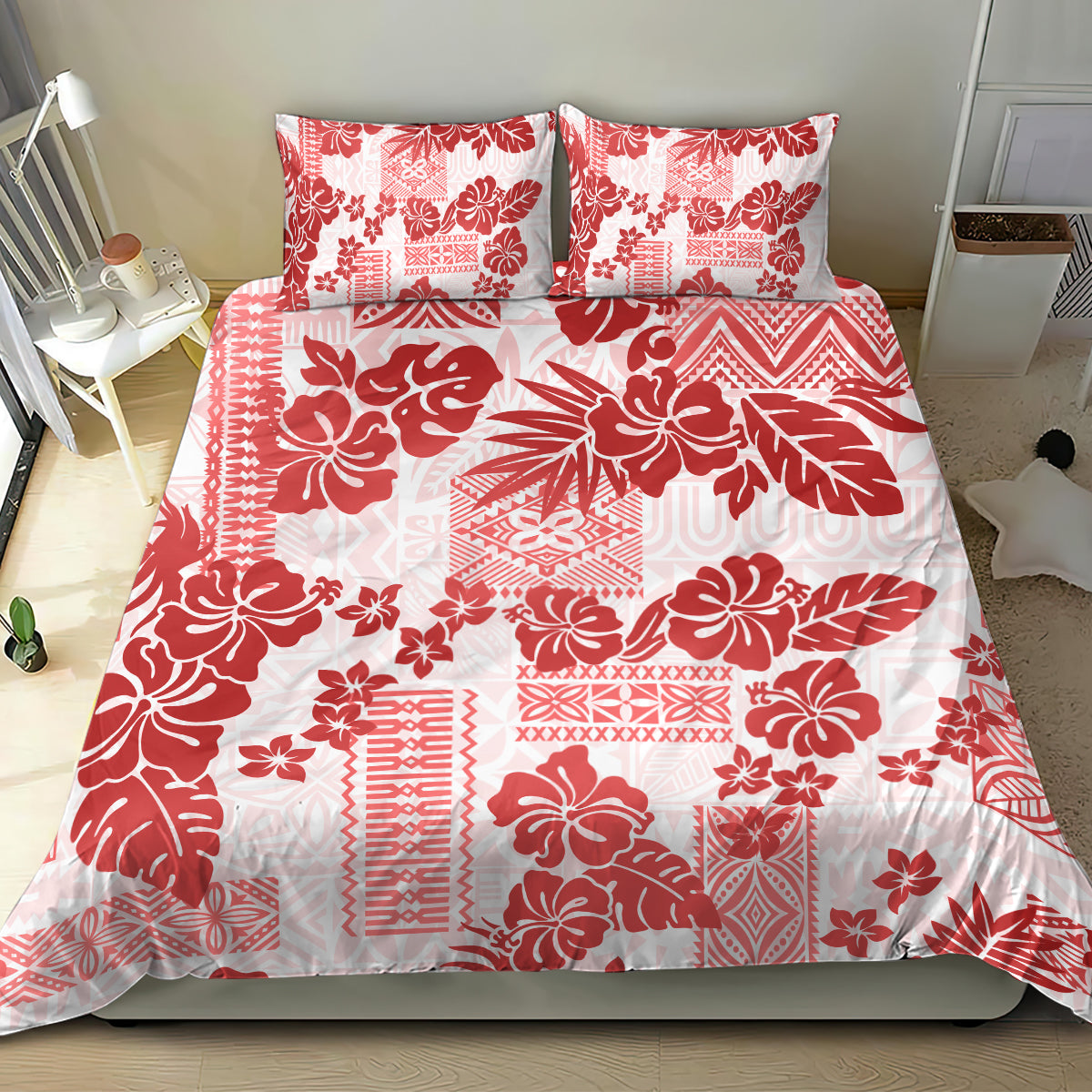 Vintage Hawaii Bedding Set Hibiscus Tapa Tribal With Hawaiian Quilt Pattern Red LT9 - Polynesian Pride