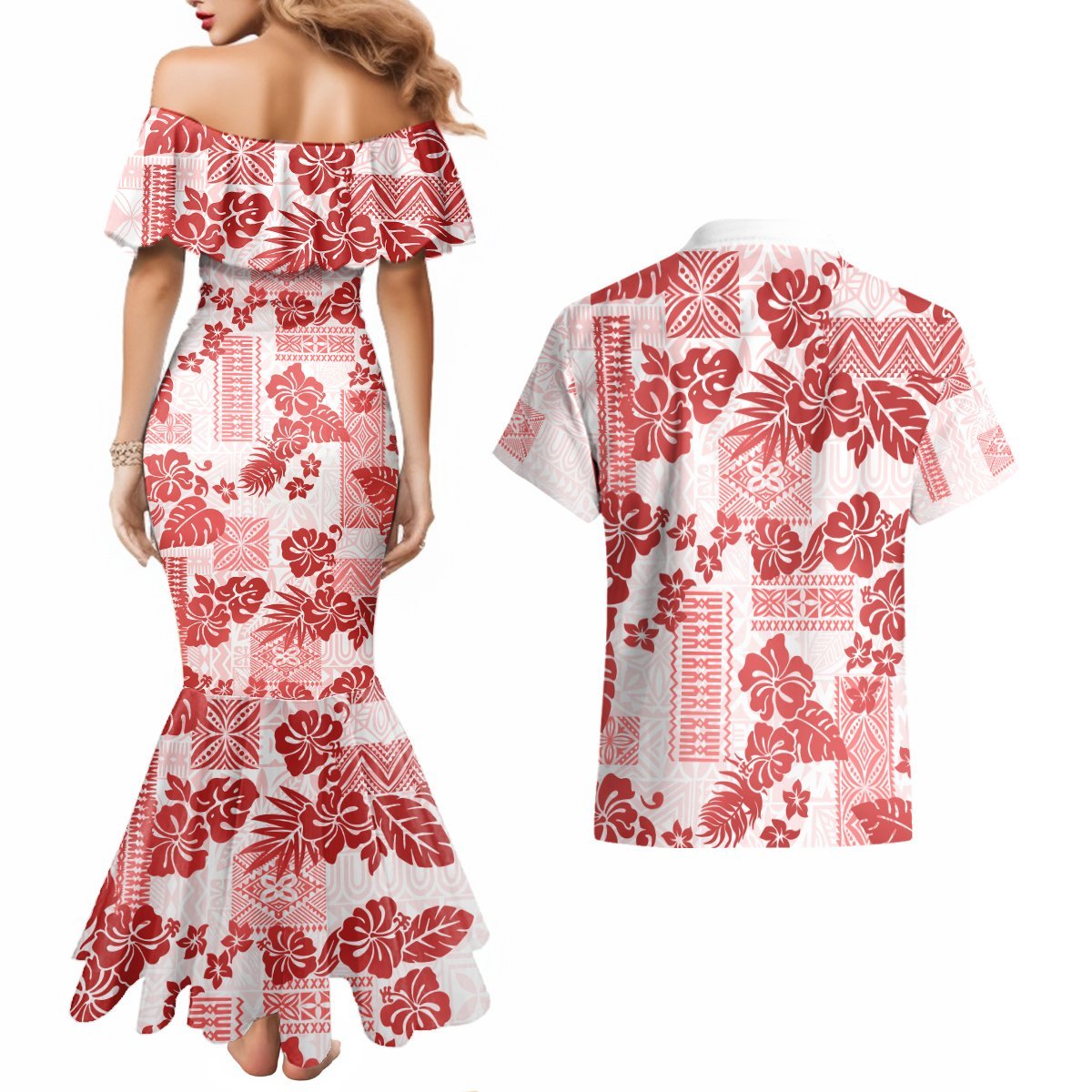 Vintage Hawaii Couples Matching Mermaid Dress and Hawaiian Shirt Hibiscus Tapa Tribal With Hawaiian Quilt Pattern Red LT9 - Polynesian Pride