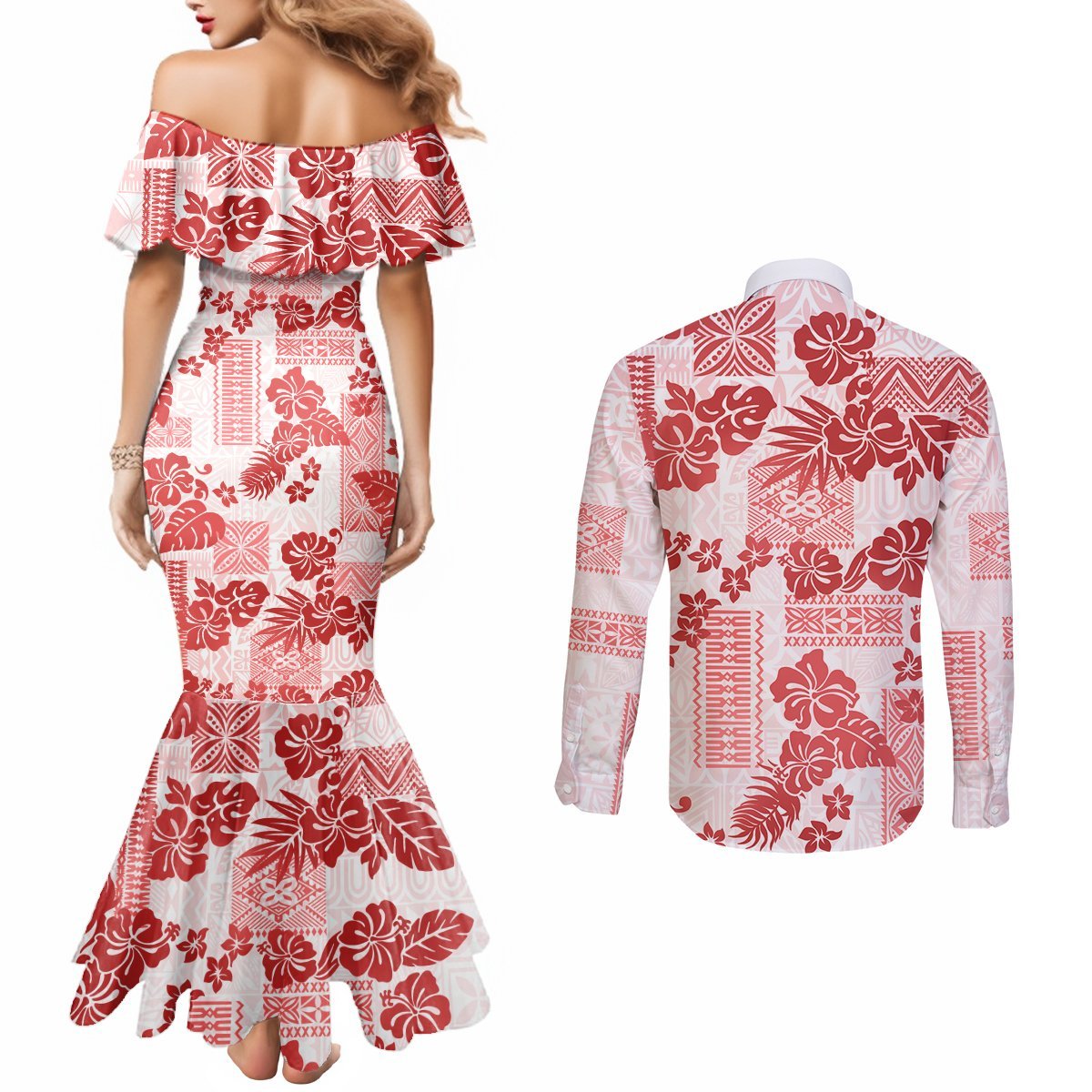 Vintage Hawaii Couples Matching Mermaid Dress and Long Sleeve Button Shirt Hibiscus Tapa Tribal With Hawaiian Quilt Pattern Red LT9 - Polynesian Pride