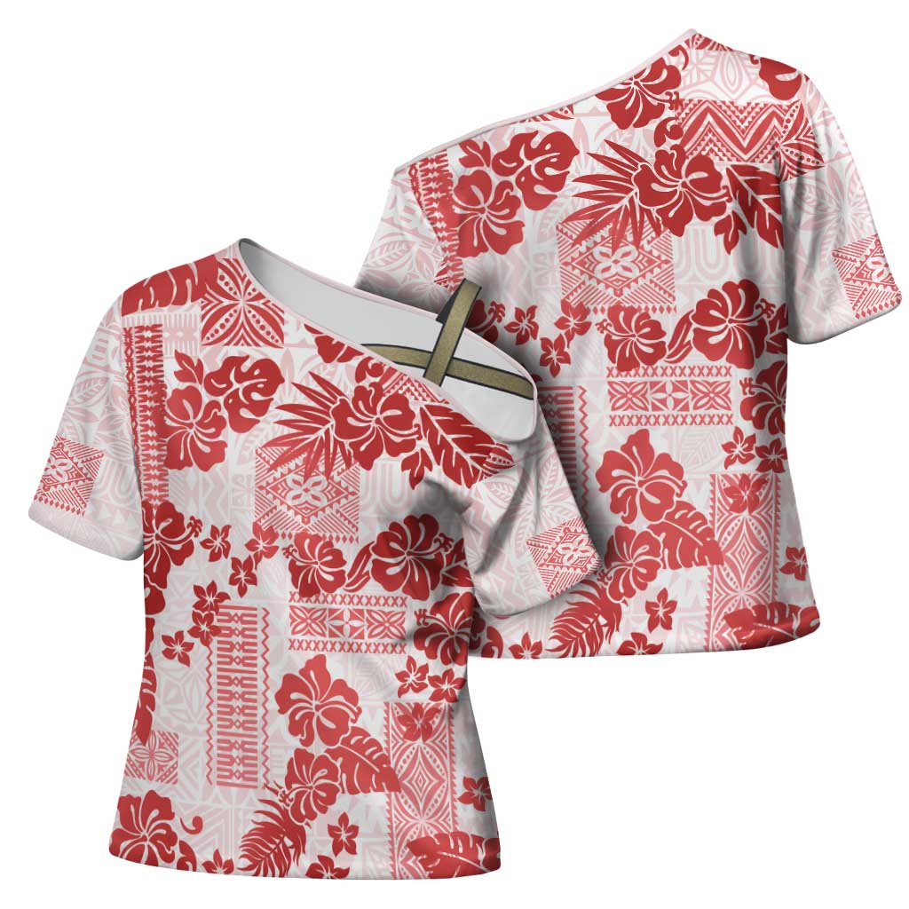 Vintage Hawaii Cross Shoulder Shirt Hibiscus Tapa Tribal With Hawaiian Quilt Pattern Red - undefined