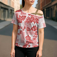 Vintage Hawaii Cross Shoulder Shirt Hibiscus Tapa Tribal With Hawaiian Quilt Pattern Red - undefined